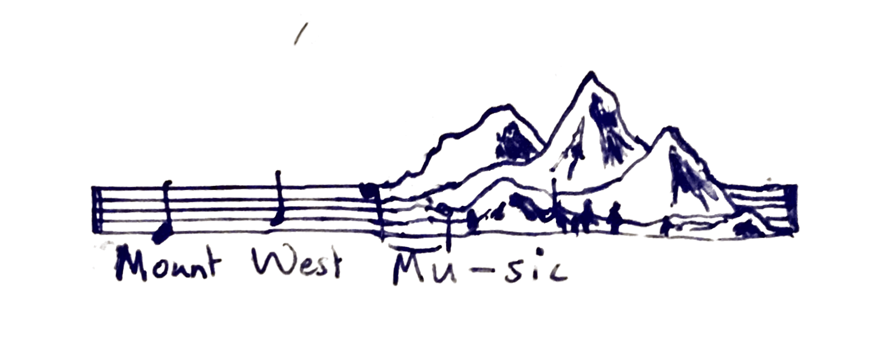 Logomark for award winning composer Mount West Music. The picture consists of a note staff that transforms into a mountain. Below the notes in the staff you can find the text "Mount West Music".